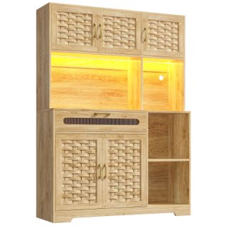 Buffet Haut LED 120×40×180 cm, Vitrines Tissées Mdf Pour Cuisine, Salon Ou Bar