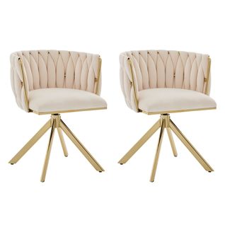 Fauteuil Velours 180° Pivotant Avec Structure Métallique Dorée Renforcée, Lot De 2, Crème