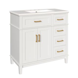 Meuble Salle De Bain Sur Pied 90 Cm Blanc Laqué Avec Vasque Céramique Et Rangements Multiples