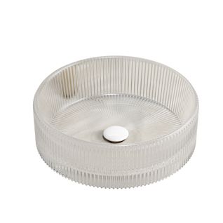 Vasque à Poser Ronde 36 Cm En Verre Cristal Transparent Strié Sans Robinet