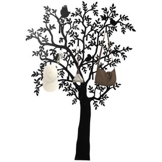 Patère Mural Design Arbre Avec Oiseaux, 8 Crochets Robustes, Noir