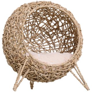 Maison Pour Chat En Rotin Avec Coussin, Couchage Surélevé Ø52x58 Cm, Design Naturel