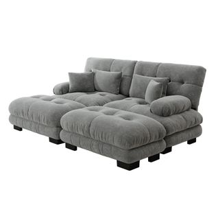 Canapé Modulable Cloud 2 Places Avec 2 Ottomans, Coussins Et Chenille Vintage, Gris