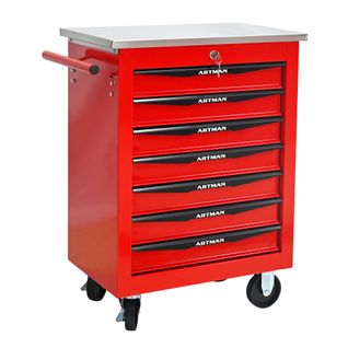 Chariot à Outils 7 Tiroirs Mobile En Acier Rouge Et Noir Avec Roulettes Et Plan De Travail Inox