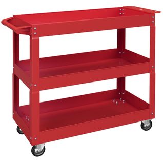 Chariot D’atelier En Acier à 3 Étagères, 4 Roues, Rouge, 150 kg Capacité Maximale