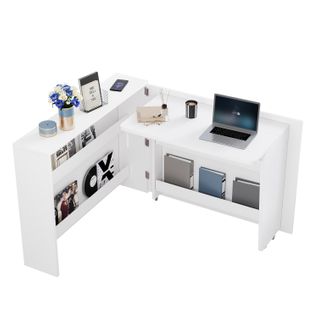 Bureau Pliable Mobile 2-en-1 Avec Chargeur Sans Fil, Roulettes Freinées Et Rangement, Blanc Brillant