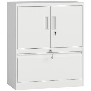 Armoire De Bureau En Acier Blanc Verrouillable Avec Tiroir Dossiers Et Étagère Réglable Intégrée