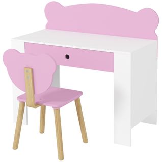 Bureau Et Chaise Enfants Avec Tiroir Et Dossier Ours, Ensemble Table Ludique Rose