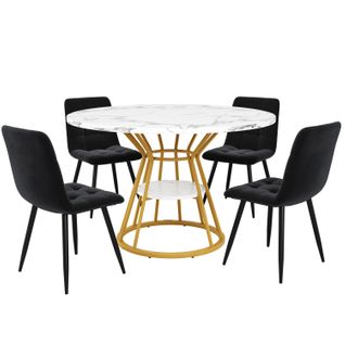 Ensemble Salle à Manger 5 Pièces Avec Table Ronde 100x100 Cm Et Chaises Velours Gris, Cadre Doré