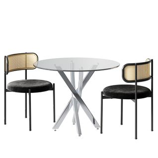 Ensemble Table à Manger 80x80 Cm En Verre Trempé Avec 2 Chaises Noires Et Pieds Argentés