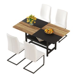 Ensemble Table Rectangulaire 160 Cm Avec Étagère Et 4 Chaises En Simili Cuir Blanc