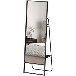 Miroir Sur Pied 157x50 Cm Avec Cadre Métal Noir, Étagère Arrière Et Crochets Pour Chambre