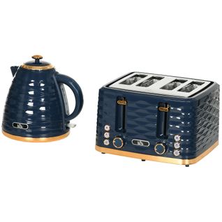 Set Petit-déjeuner 2-en-1 Bouilloire 1,7 l Et Grille-pain 4 Tranches, Design Bleu Élégant