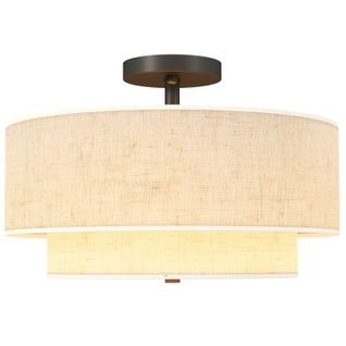 Suspension Moderne à Double Abat-jour En Lin Crème Avec Base Métallique Noire