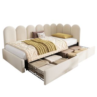 Lit Simple 90x190 cm Beige En Velours Avec Tiroirs Et Espace De Rangement