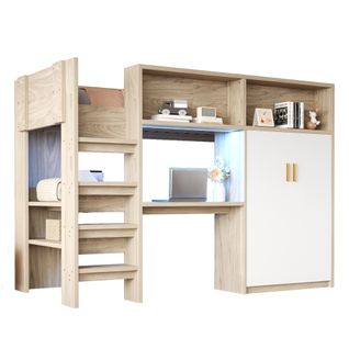 Lit Mezzanine 90x200 Cm Bois Avec Bureau, Rangement Et LED Pour Chambre Moderne