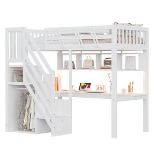 Lit Mezzanine 90x200 Cm Bois Blanc Avec Escalier Rangement, Bureau Et LED