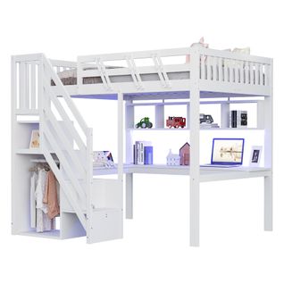 Lit Mezzanine 140x200 Cm Bois Blanc Avec Escalier Rangement, Bureau Et LED