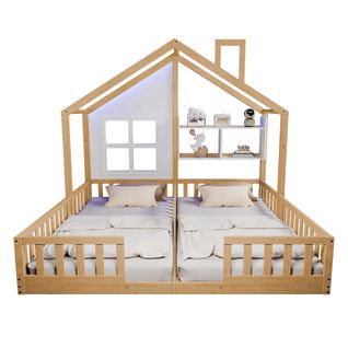 Lit Enfant Double 90x200 Cm Bois Naturel, Maison Avec LED Et Rangements Sécurisés