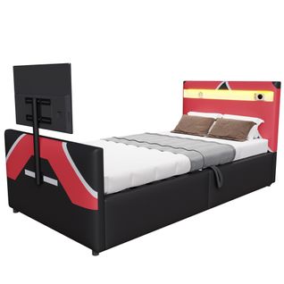 Lit Enfant 90x200 Cm En Pu Rouge Avec LED Multicolore, Rangement Hydraulique Et Support TV Intégré