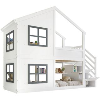 Lit Superposé Enfant Avec Fenêtres, Toit Et Rangement Escalier 90x200cm Blanc-gris