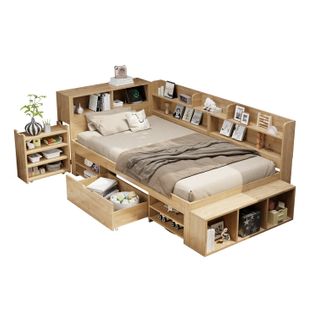 Lit Enfant 90x200 Cm Multifonction En Bois Naturel Avec Rangement, Étagères Et Charge Sans Fil
