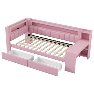Lit Enfant 90x200 Avec LED, USB, 2 Tiroirs, Bureau Intégré Et Design Élégant Rose