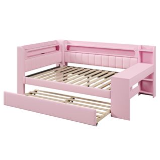 Lit Gigogne 140x200 Avec LED Multicolore, USB Intégré, Bureau Et Tiroir-lit Escamotable, Rose
