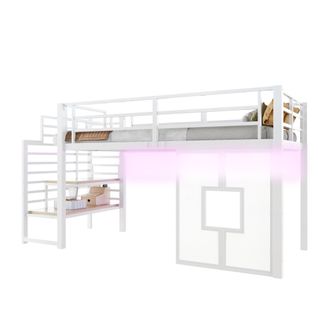 Lit Mezzanine Enfant 90x200 En Métal Blanc Avec Escalier De Rangement, Fenêtres Et LED Intégrée
