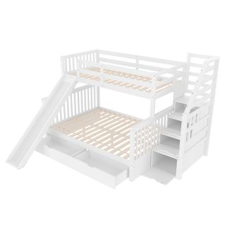 Lit Superposé Multifonction 90x200/140x200 Avec Tiroirs, Rangement Et Toboggan, Bois Blanc