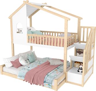 Lit Superposé 90x200+140x200 En Bois Avec Forme Cabane, Garde-corps Et Rangements, Naturel/blanc