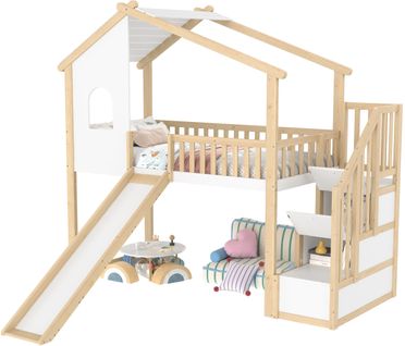 Lit Mezzanine 90x200 En Bois Naturel Avec Cabane, Toboggan Et Rangements Intégrés, Blanc