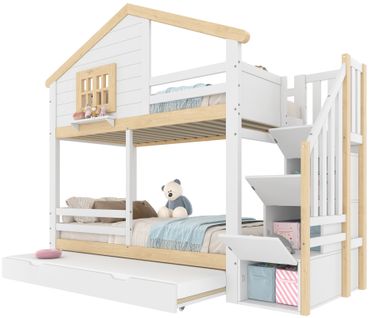 Lit Superposé 90x200 Avec Lit Gigogne, Échelle De Rangement Et Style Maison, Bois Blanc/naturel