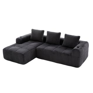 Canapé Compact Modulable En Velours Côtelé Gris Foncé Avec Porte-gobelets Et Poches Latérales