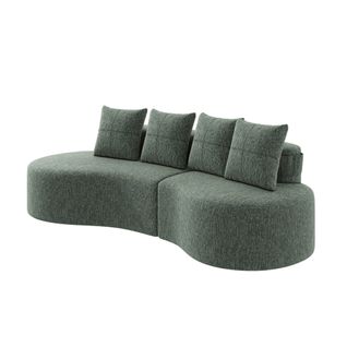 Canapé En Tissu Lin Vert Avec 4 Coussins, Porte-gobelets Et Poches Latérales, Assise Confortable