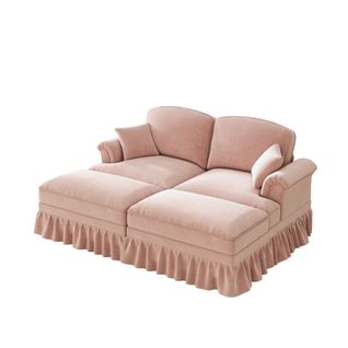 Canapé Modulable 2 Places En Chenille, Accoudoirs Coniques Et Jupe Détachable, Rose