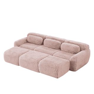 Canapé Modulable 3 Places En Peluche Avec 3 Ottomans, Confortable, Design Cosy, Rose