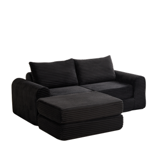 Canapé-lit Modulable 2-en-1 En Velours Côtelé Noir Avec Repose-pieds Amovible Et Accoudoirs Courbés