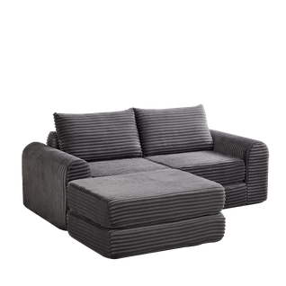 Canapé-lit Modulable 2-en-1 En Velours Côtelé Gris Avec Repose-pieds Amovible Et Accoudoirs Courbés