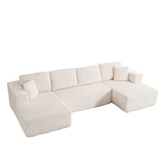 Canapé Modulable U Sans Pieds En Corduroy Blanc, 3 Places, Coussins Inclus, Confortable Et Élégant