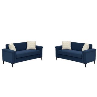 Canapé 2 Places Compact 172 Cm En Lin Bleu, Structure Bois Massif, Pieds Métal, Confort, Lot De 2