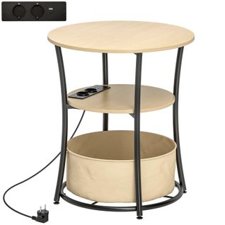 Table D’appoint Ronde 3 Niveaux Avec Station De Charge Et Rangement, Bois Naturel Et Métal Noir