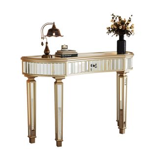 Console Demi-lune Miroir 120 Cm, Table De Sofa Et Coiffeuse Luxe Avec Tiroir Cristal, Or Et Argent