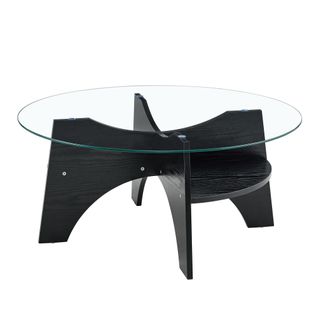 Table Basse Ronde 80 cm En Verre Trempé Avec Piètement Mdf Noir, Design Moderne