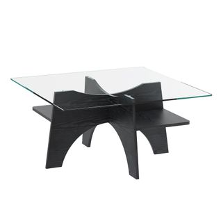 Table Basse Carrée En Verre Trempé 80 cm Avec Pieds Mdf Noir Design Minimaliste Et Élégant