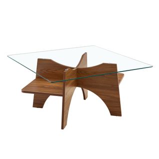 Table Basse Carrée 80 cm En Verre Trempé Avec Pieds Mdf Noyer, Design Minimaliste Élégant