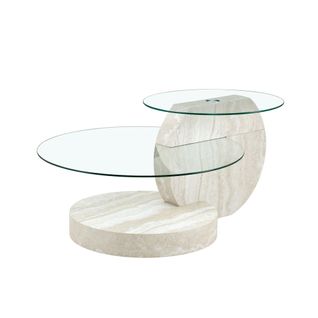 Table Basse Moderne à Deux Niveaux En Verre Trempé Avec Mdf Effet Bois De Noyer 90x70 cm Minimaliste