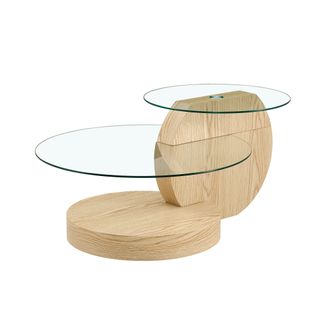 Table Basse Moderne à Deux Niveaux En Verre Trempé Avec Mdf Effet Bois Clair 90x70 cm Minimaliste