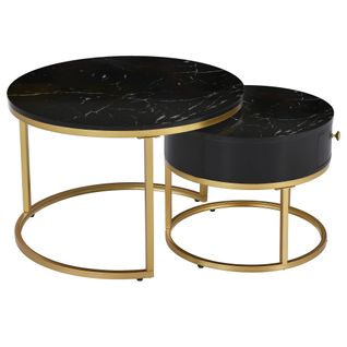 Set De 2 Tables Basses Rondes En Mdf Motif Marbre Noir Avec Cadre Métallique Doré 70x70+50x50 cm