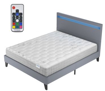 Ensemble 140x190cm, Lit Éclairage LED+Matelas Ressorts Ensachés, Ép.25cm Accueil Mémoire de Forme